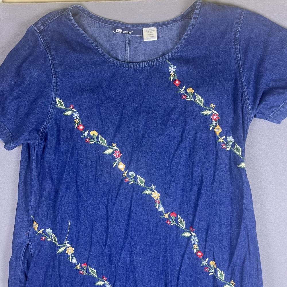 Vintage La Cera Denim‎ Embroidered Floral Denim Dress Casual Blue Medium Cotton